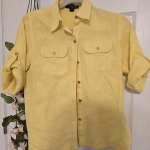 Lauren Ralph Lauren petite Shirt Yellow Womens Size P/S Linen 100%